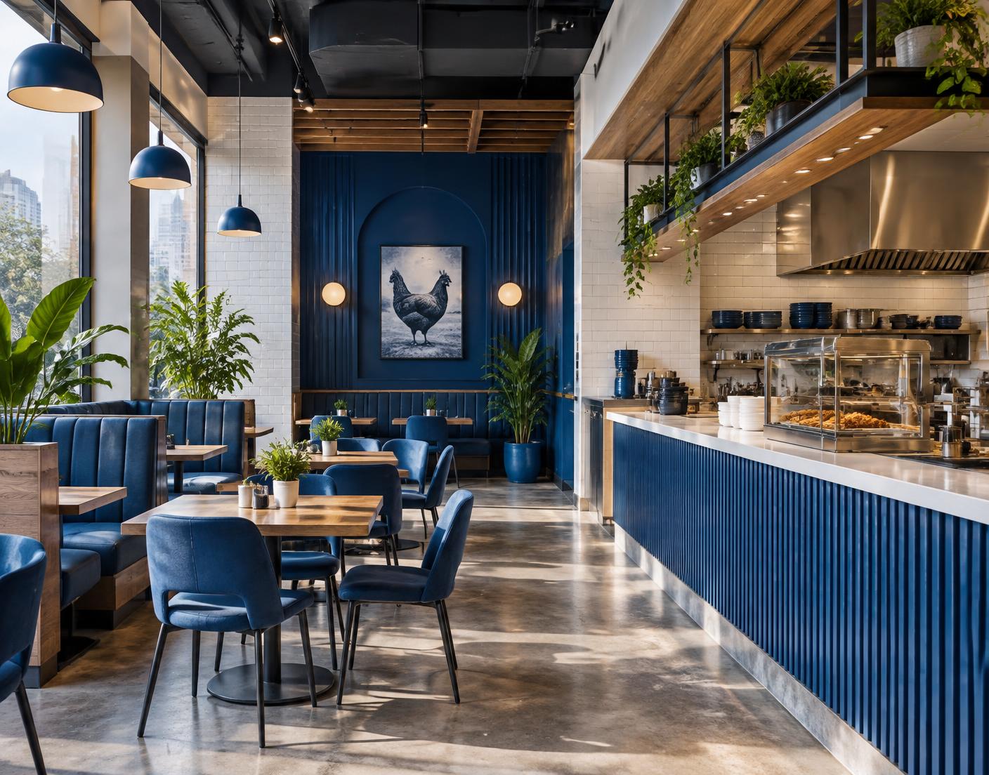 Bright modern blue and white restaurant interior concept